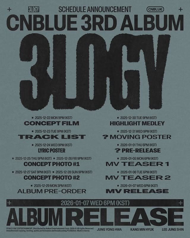 CNBLUE Confirms January 7, 2026 Comeback With 3rd Full Album '3LOGY' and New World Tour